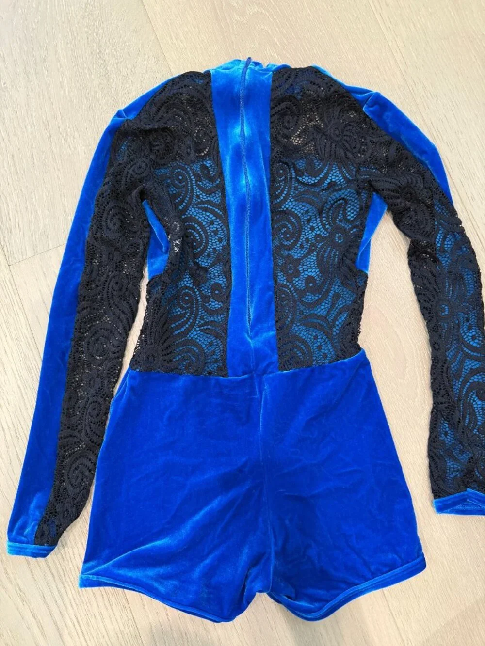 Curtain Call Blue Velvet Stretch Lace Dance Leotard Costume CLA 10-12